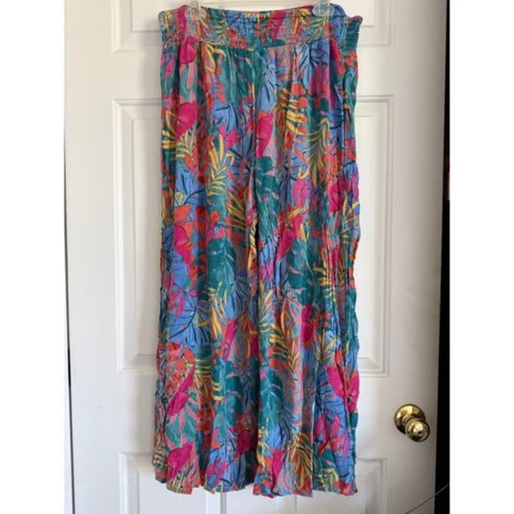 142. Kona Sol Wide leg pants Tropical Print Smocked waist XL - Picture 3 of 4